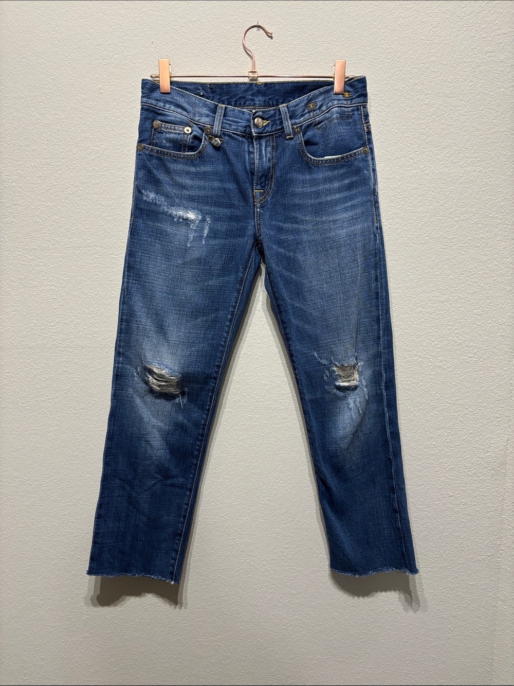 R13 Relaxed Skinny Mid Rise Distressed Raw Hem Jeans Sz 25 Made in Italy